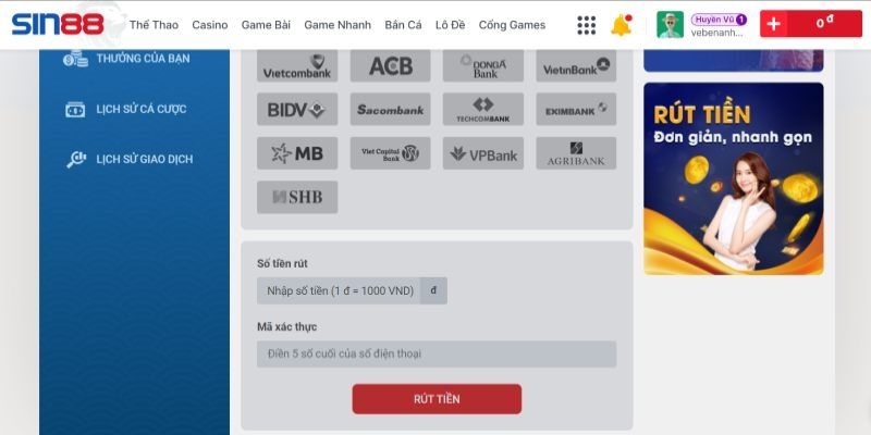 Đa dạng phương thức rút tiền Sin88 cho bạn lựa chọn